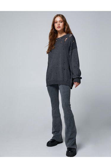 Knit Sweater Long Sleeve Ajoure Ripped Crew Neck