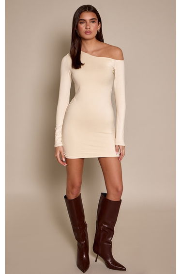Cream Soft Touch Jersey Asymmetric Bodycon Dress