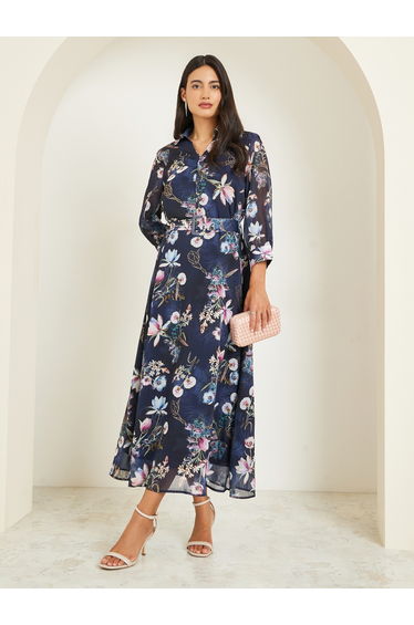 Black Floral Print A-Line Maxi Dress with Belt