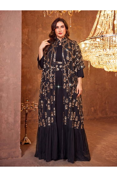Plus Size Black Sequined Cape and Maxi Dress Co-Ord Set