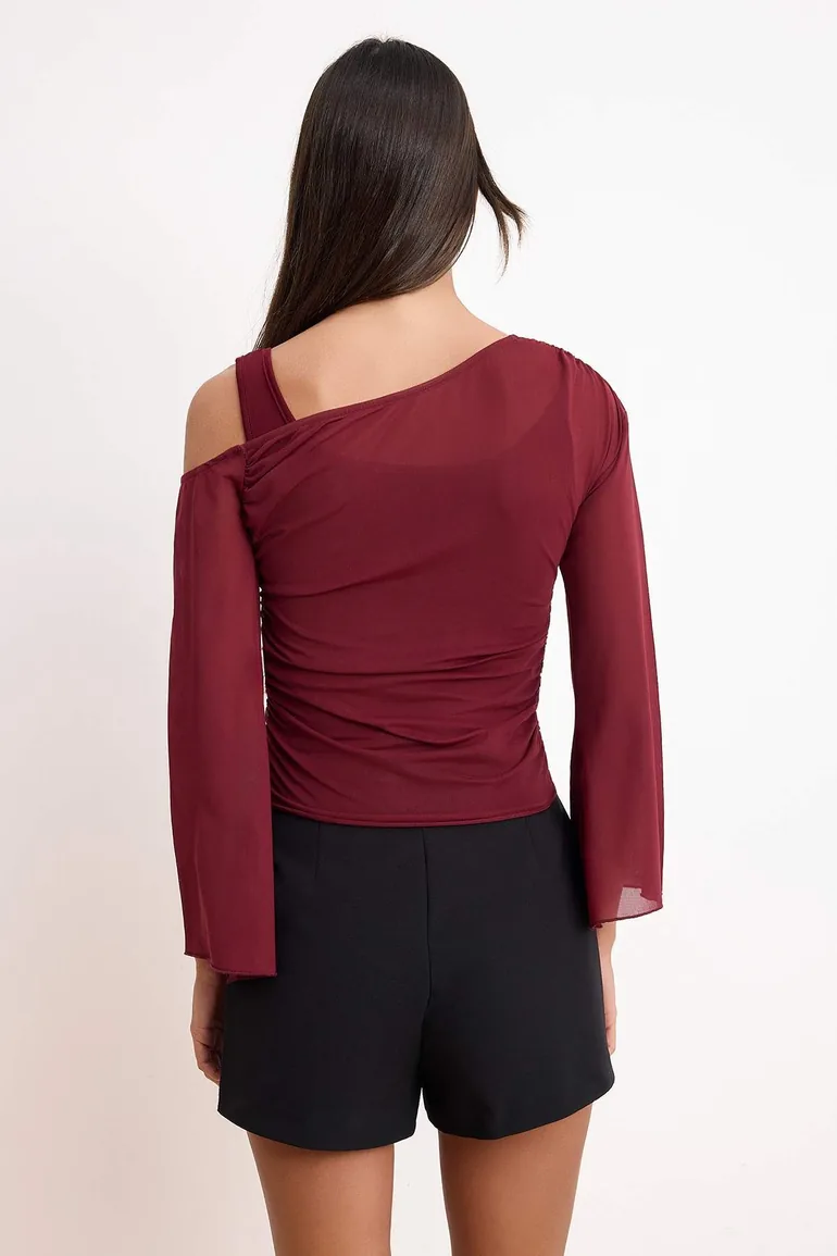 Burgundy Fitted Asymmetrical Collar Double Look Gathered Tulle Knitted Blouse - 3