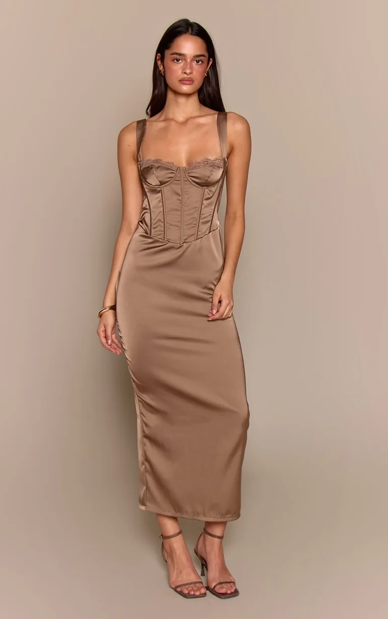 khaki satin midi dress Hilda Khaki Cape Design Satin Midi Dress (Final Sale-US Only), S / Neutrals