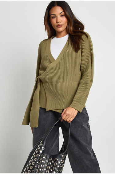 Maternity Side Wrap Knitted Cardigan - khaki
