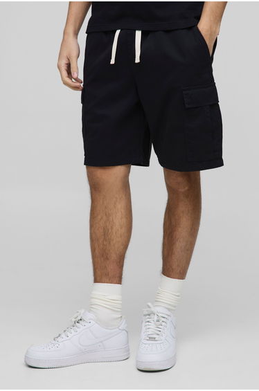 Elasticated Waist Black Slim Fit Cargo Shorts - black