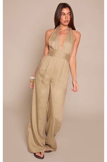 Khaki Linen Look Halter neck Tie Back Jumpsuit