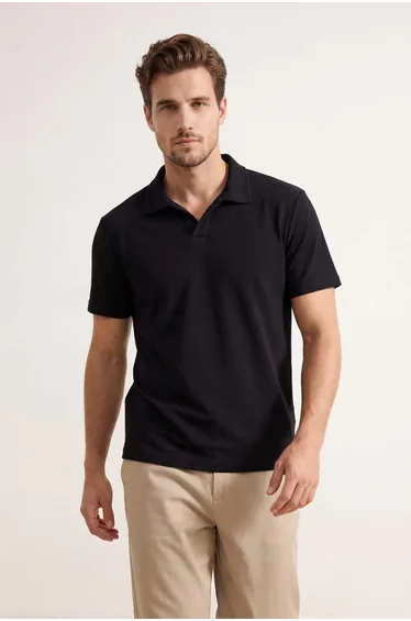 Black Regular/Normal Cut Soft-Textured Polo Neck T-Shirt