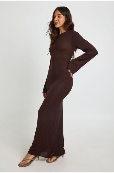 Slash Neck Long Sleeve Knitted Maxi Dress - chocolate