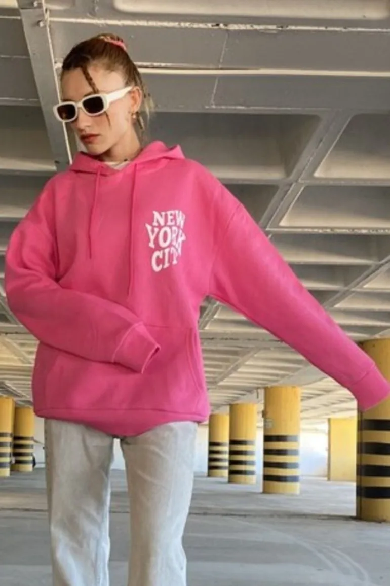 Women's Pink New York City Printed Hooded Oversize - 4
