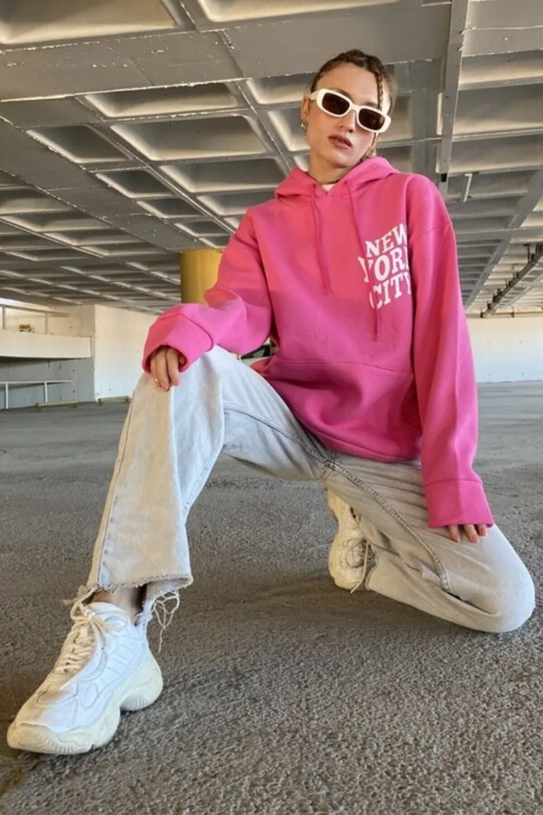 Women's Pink New York City Printed Hooded Oversize - 2