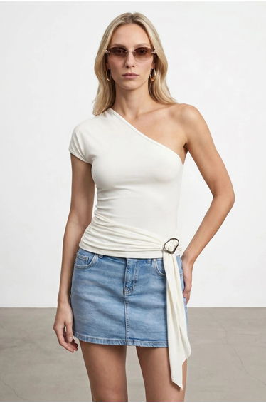 Dilvin Slim Fit Off-Shoulder Jersey Blouse With Tie Detail