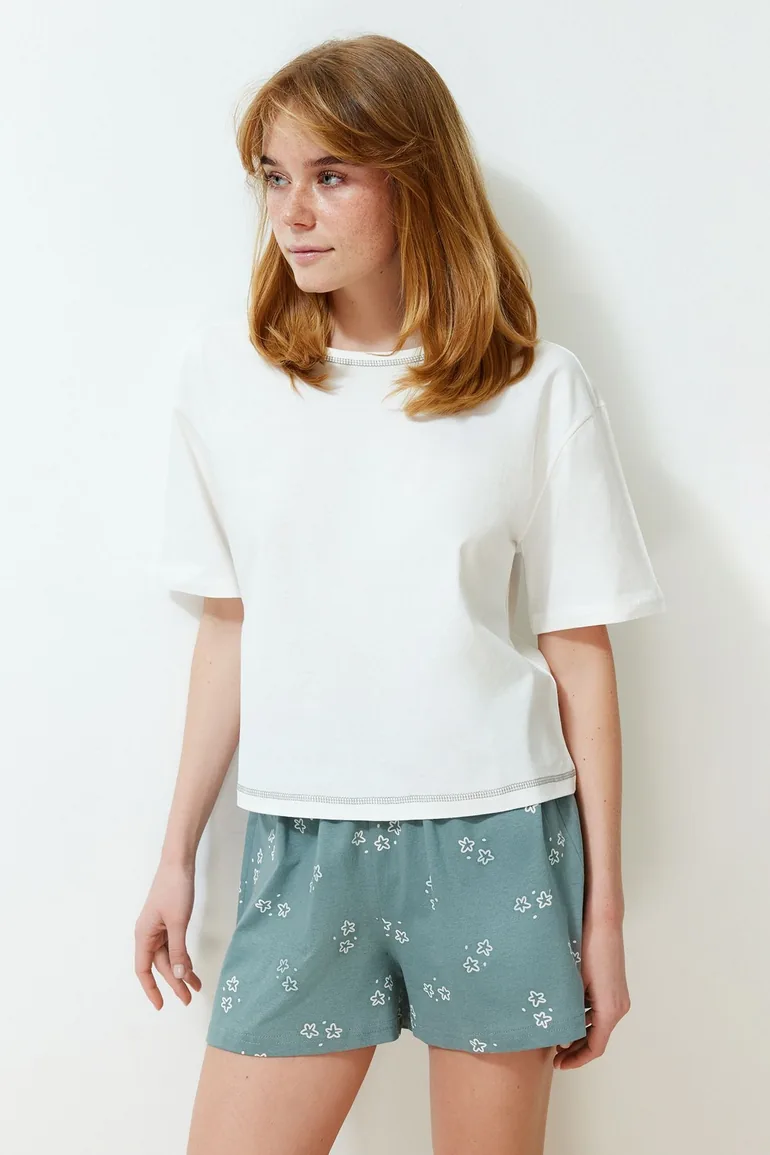 White 100% Cotton Geometric Knitted Pajamas Set - 2