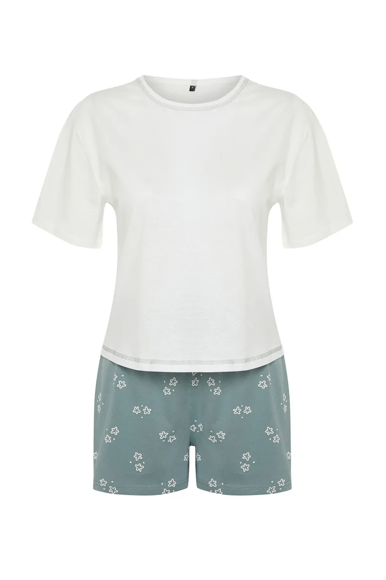 White 100% Cotton Geometric Knitted Pajamas Set - 6