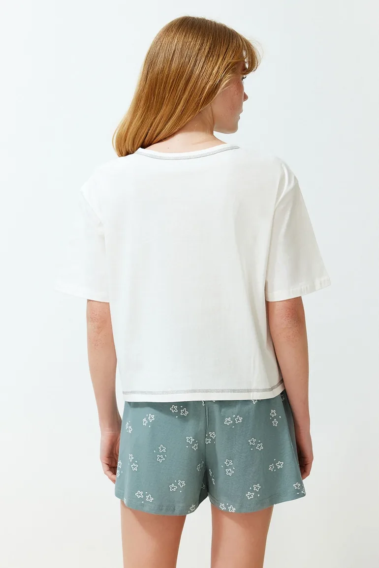 White 100% Cotton Geometric Knitted Pajamas Set - 5