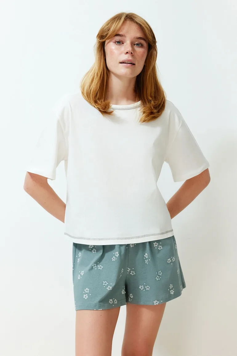 White 100% Cotton Geometric Knitted Pajamas Set
