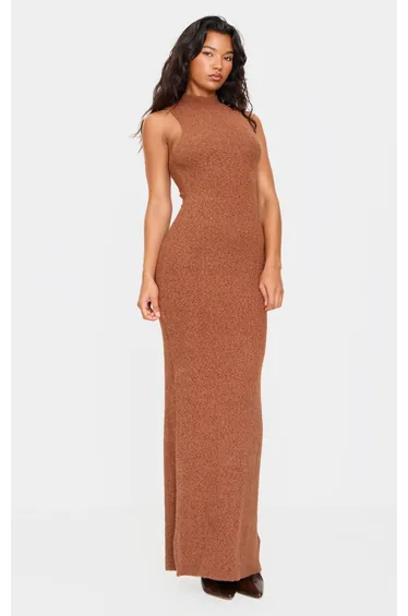 Mocha Fluffy Boucle Knit Racer Dress