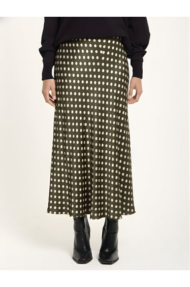 Khaki Polka Dot Satin Midi Skirt