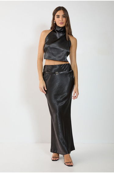 Satin Belted Bias Cut Maxi Skirt