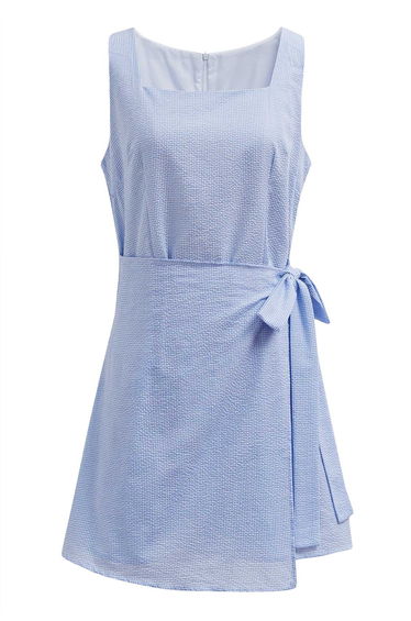 Square Neck Gingham Printed Flap Dress in Blue