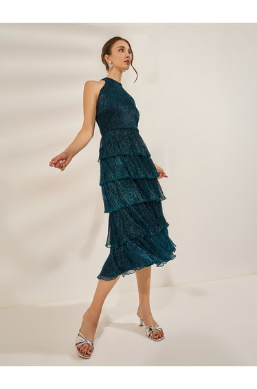 Teal Shimmer Sleeveless Tiered Midi Dress