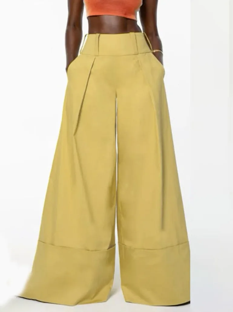High Waisted Loose Pockets Solid Color Pants Trousers - 5