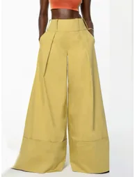 High Waisted Loose Pockets Solid Color Pants Trousers - 5