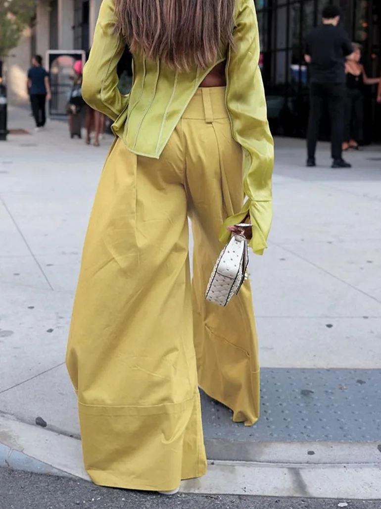 High Waisted Loose Pockets Solid Color Pants Trousers - 3