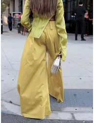 High Waisted Loose Pockets Solid Color Pants Trousers - 3