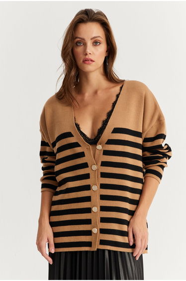 Women's Camel-Black Striped Knitwear Cardigan