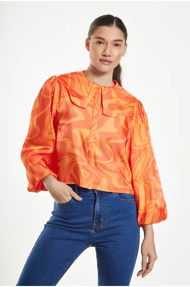Glamorous Orange Marble Boxy Shirt with Statement Collar