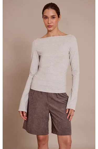 Grey Marl Soft Cotton Ruched Asymmetric Long Sleeve Top