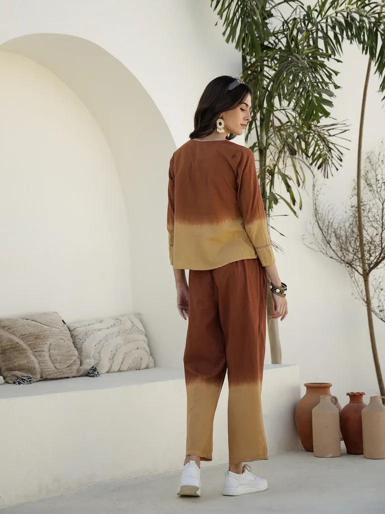 Dip Dye Printed Cotton Shirt and Pyjama Set - 1