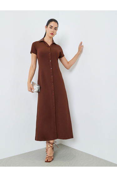 Women Studded Collar Shirt Maxi Dress