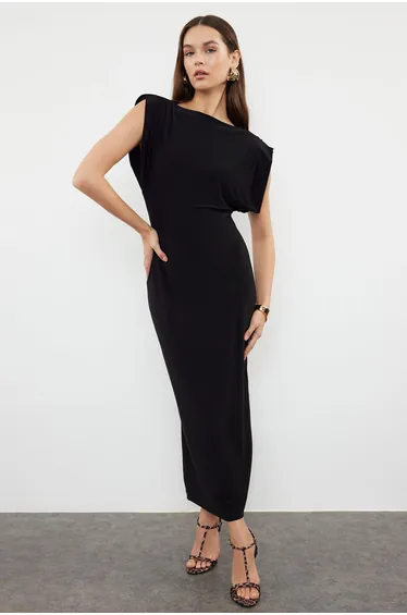 Black Plain Midi Padded Draped Bodycone/Fits the Body Flexible Dress Knit Dress