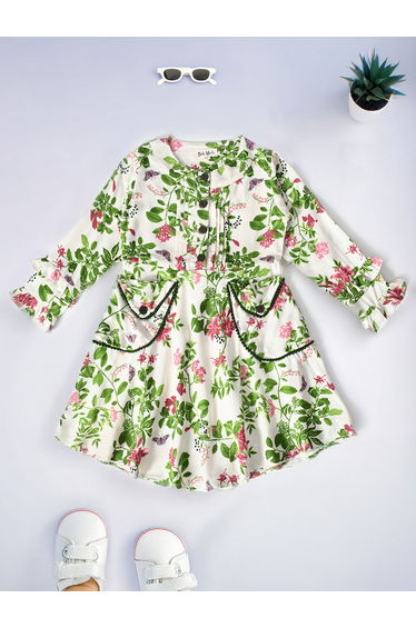 All-Over Floral Print Pintuck Detail Dress with Pockets