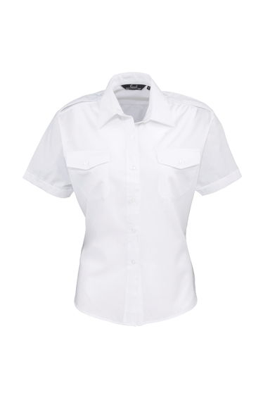 Premier Womens/Ladies Short Sleeve Pilot Blouse / Plain Work Shirt - White