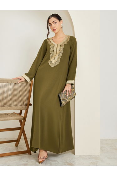 Women Olive Embroidered A-Line Jalabiya