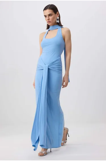 Light Blue Plain Tie Detail Knitted Sandy Maxi Evening Dress & Graduation Dress