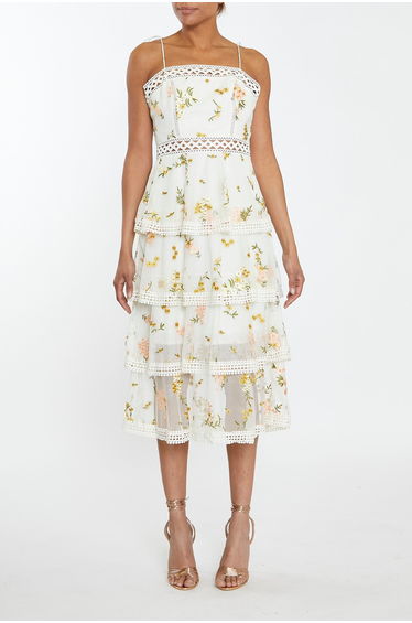 Nude-Pink Embroidery Strappy Tiered Midi-Dress