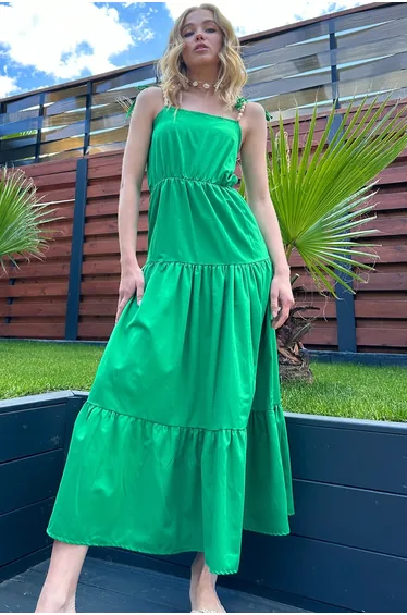 Women's Green Layered Flounce Strap Midilength Dress with Bead Accessories