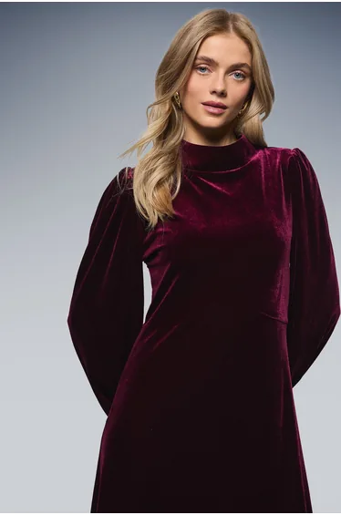 فستان اويسيس مخمل بنفسجي ميداكسي بقصة مستقيمة بأكمام طويلة