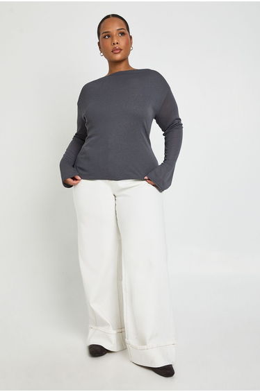 Plus Cowl Neck Flared Sleeve Top - charcoal