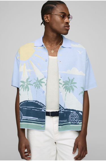 Boxy Fit Scenic Car Jacquard Knitted Shirt - light blue