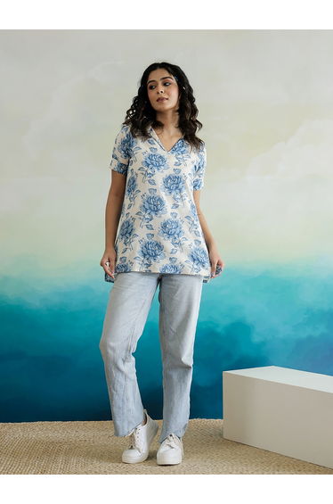 All-Over Floral Print V-Neck Cotton Top