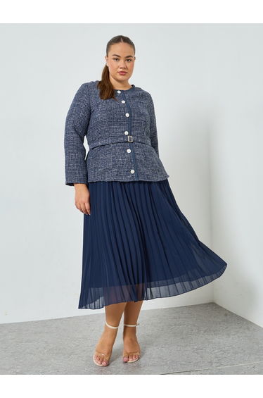 Plus Size Navy Blue Long Sleeves A-Line Midi Dress