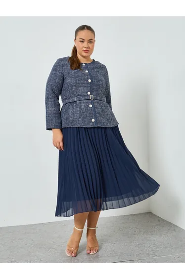 Plus Size Navy Blue Long Sleeves A-Line Midi Dress