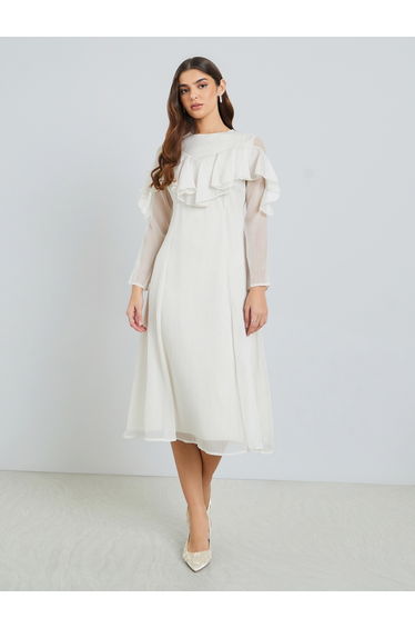 Women Off-White Ruffled Detail Midi Dress