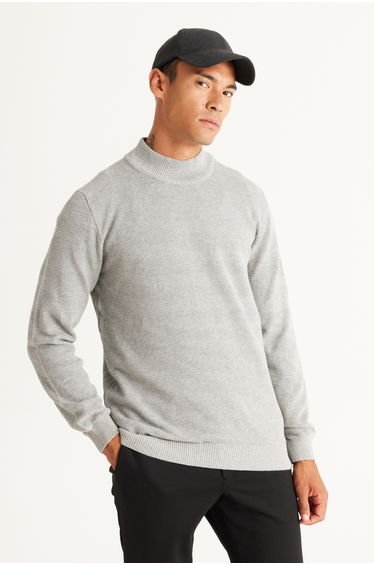 Men's Gray Melange Standard Fit Regular Cut Half Turtleneck Cotton Jacquard Knitwear Sweater