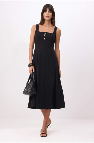 Black Open-Waist Square Neck Thick Strap Sleeveless Crepe Knitted Dress
