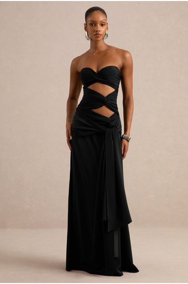 Alinae | Black Satin Bandeau-Neck Maxi Dress With Body Cut-Outs