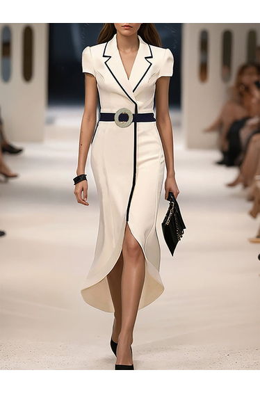 Bodycon High-Low Belted Pleated Solid Color Notched Collar Maxi Dresses
